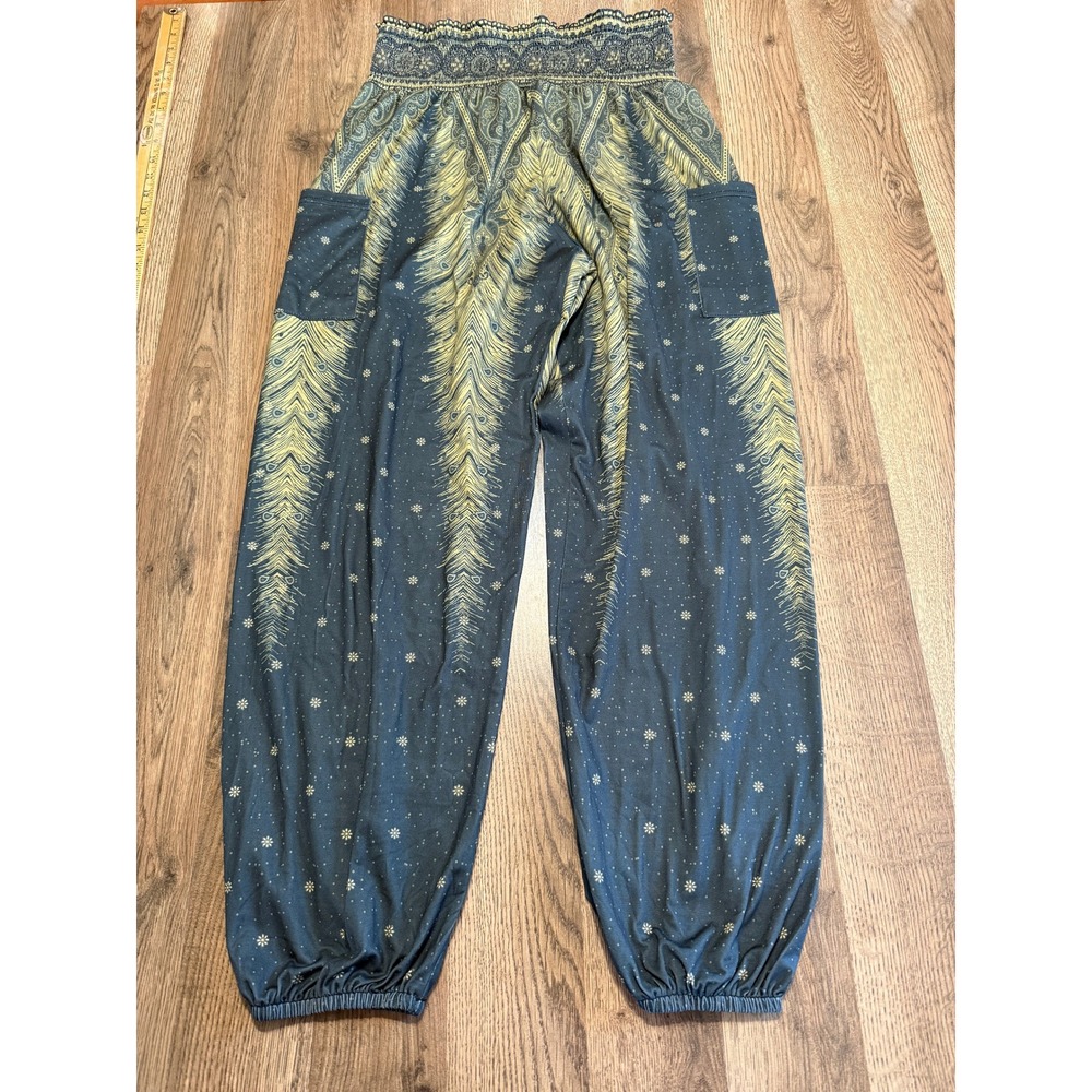 Qianxizhan Harem Pants Womens XL Blue Peacock Feather Boho Smocked Excellent